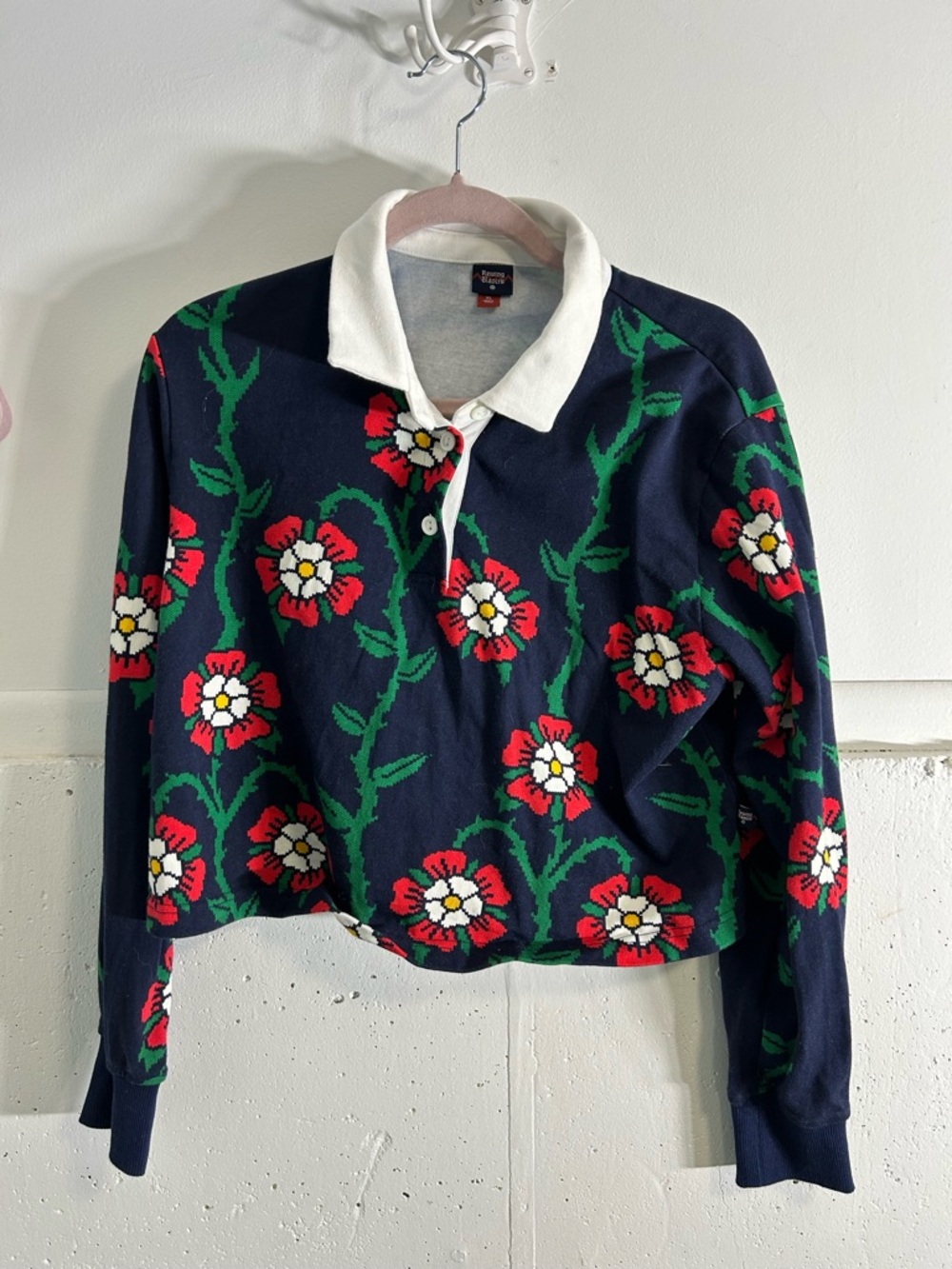 Rowing Blazers Floral Navy Polo Sweater with White Collar - Picture 2 of 5